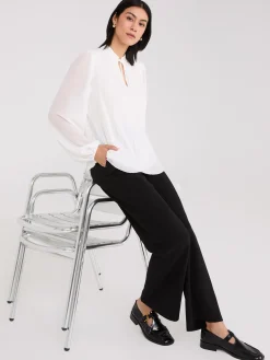 Suzy Shier Tops|Long Sleeve>Pleated Chiffon Split Neck Blouse