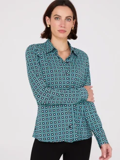 Suzy Shier Tops|Long Sleeve>Printed Button-Front Classic Blouse