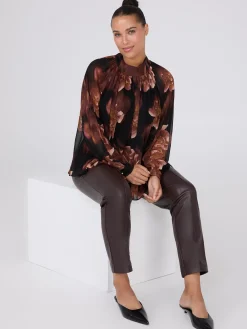 Suzy Shier Tops|Long Sleeve>Printed Chiffon High Neck Blouse