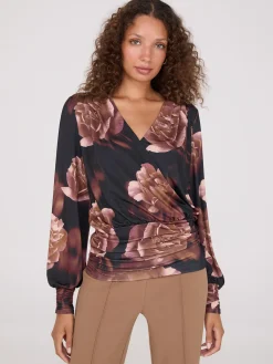 Suzy Shier Tops|Long Sleeve>Printed Crossover Top With Ruched Details