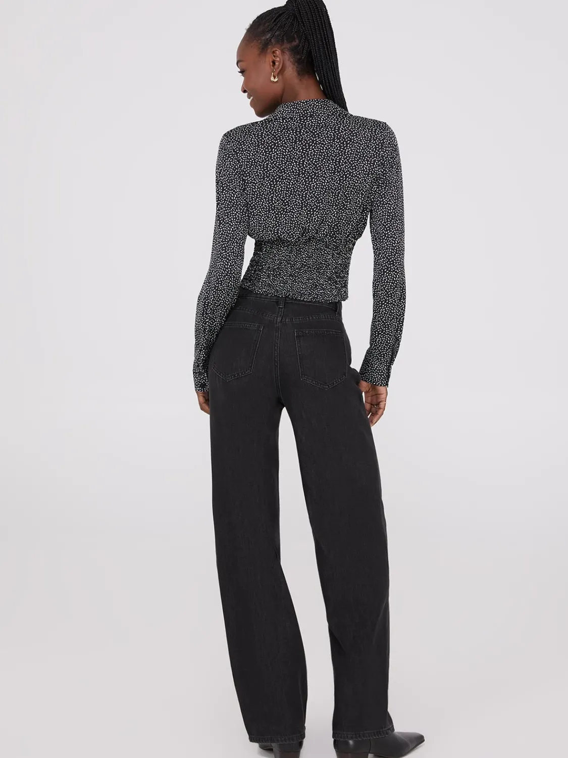Suzy Shier Tops|Long Sleeve>Printed Empire Waist Button-Front Blouse