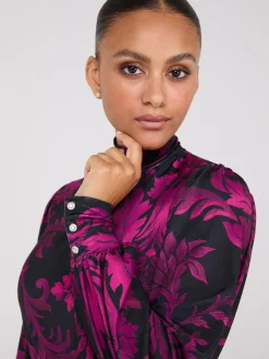 Suzy Shier Tops|Long Sleeve>Printed Long Balloon Sleeve Mock Neck Blouse