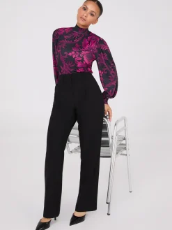 Suzy Shier Tops|Long Sleeve>Printed Long Balloon Sleeve Mock Neck Blouse