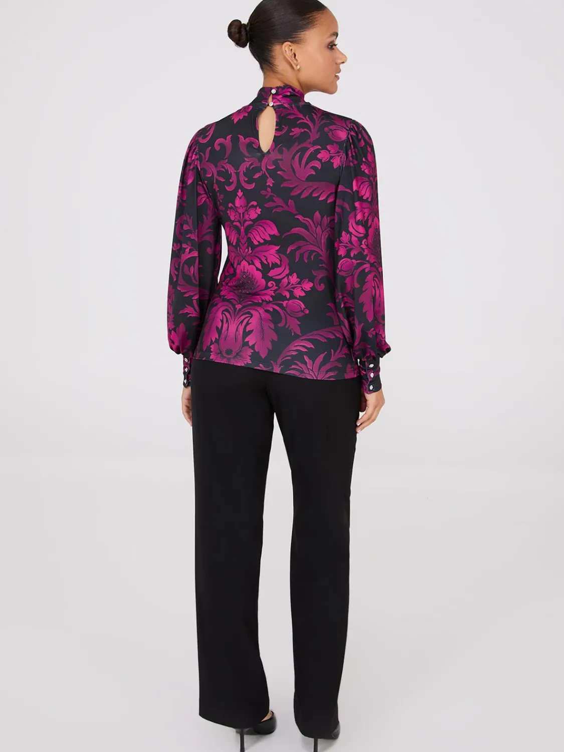 Suzy Shier Tops|Long Sleeve>Printed Long Balloon Sleeve Mock Neck Blouse