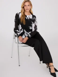 Suzy Shier Tops|Long Sleeve>Printed Long Chiffon Sleeve Boat Neck Top