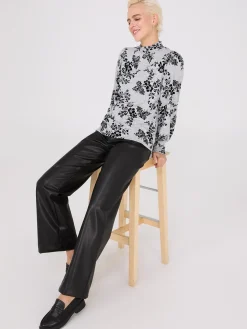 Suzy Shier Long Sleeve>Printed Melange Mock Neck Top