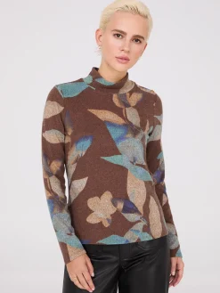 Suzy Shier Long Sleeve>Printed Mock Neck Top With Button Details