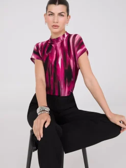 Suzy Shier Tops|Short Sleeve>Printed Short Dolman Sleeve Funnel Neck Top