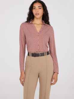 Suzy Shier Tops|Long Sleeve>Printed Split Neck Button-Down Blouse
