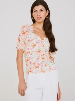Suzy Shier Tops|Short Sleeve>Printed Sweetheart Neckline Top With Puff Sleeves
