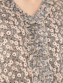 Suzy Shier Tops|Short Sleeve>Printed Textured V-Neck Top With Smocked Bottom Band