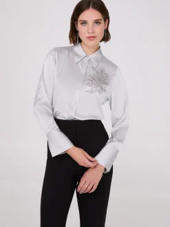 Suzy Shier Tops|Long Sleeve>Rhinestone Embellished Button-Front Blouse