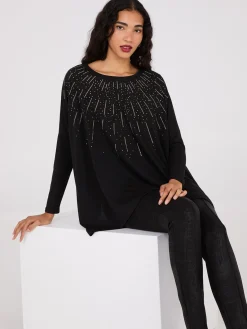 Suzy Shier Long Sleeve|Fashion Tops>Rhinestone Handkerchief Hem Tunic Top