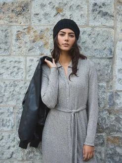 Suzy Shier Casual Dresses|Midi & Maxi>Ribbed Melange Button-Front Midi Dress