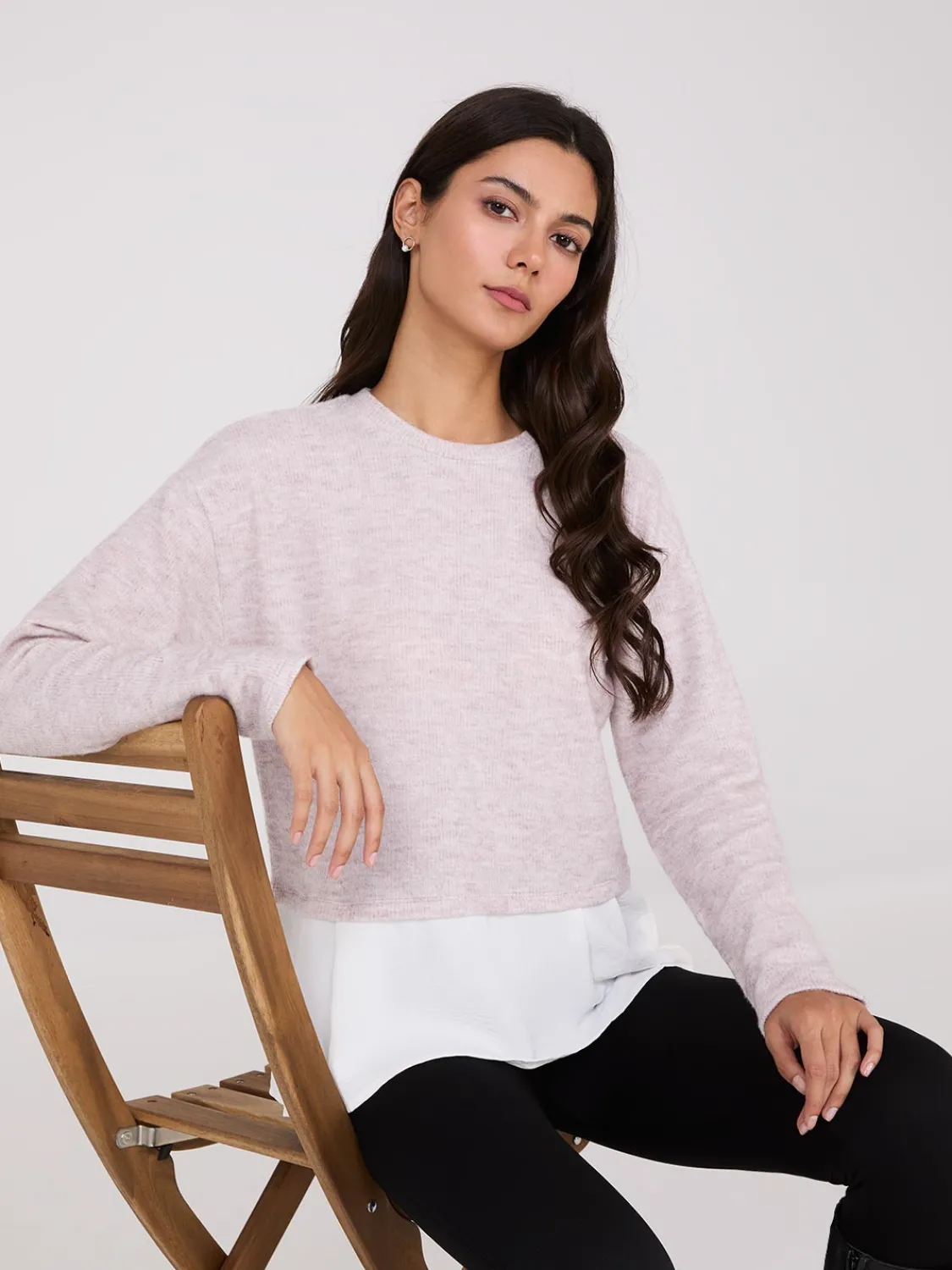Suzy Shier Long Sleeve>Ribbed Melange 2-Fer Top