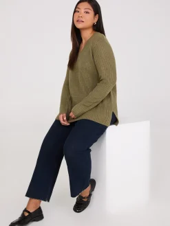 Suzy Shier Long Sleeve|Sweaters & Cardigans>Ribbed V-Neck Sweater With Side Slits