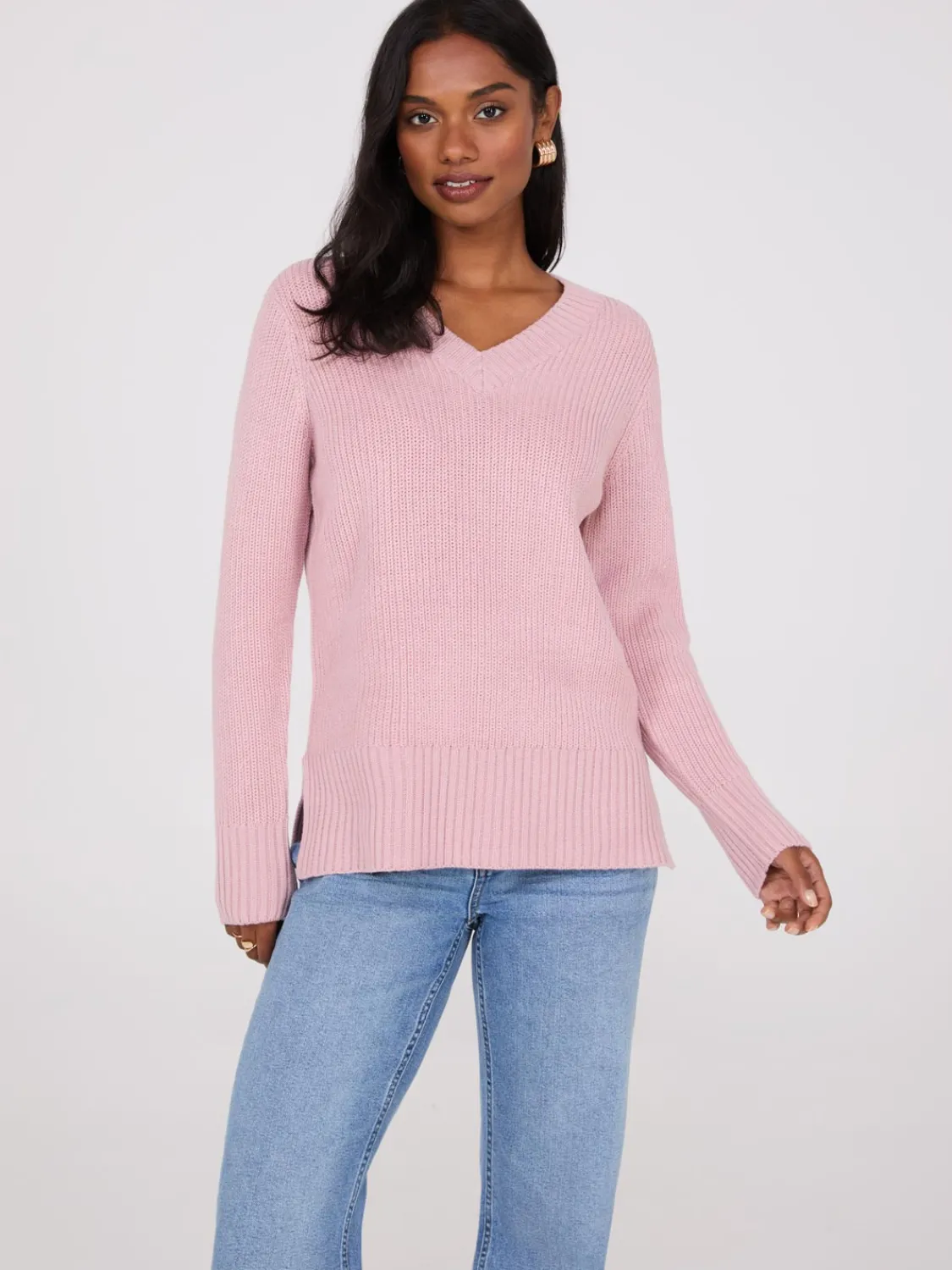 Suzy Shier Long Sleeve|Sweaters & Cardigans>Ribbed V-Neck Sweater With Side Slits