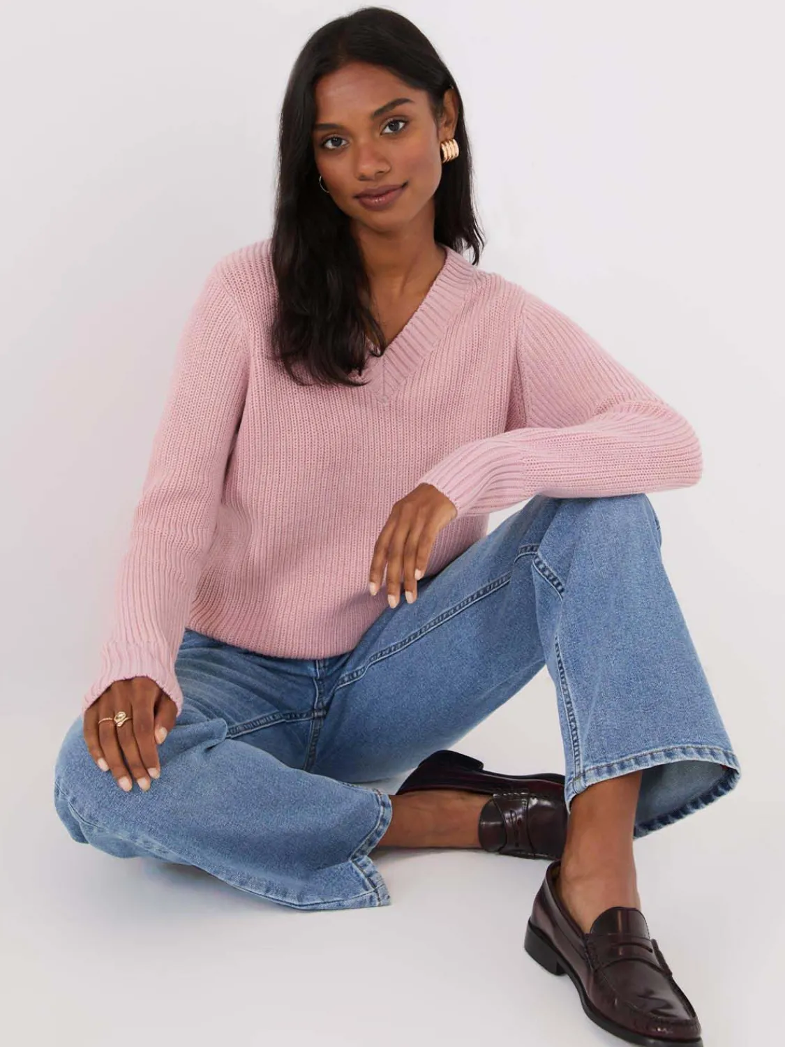 Suzy Shier Long Sleeve|Sweaters & Cardigans>Ribbed V-Neck Sweater With Side Slits