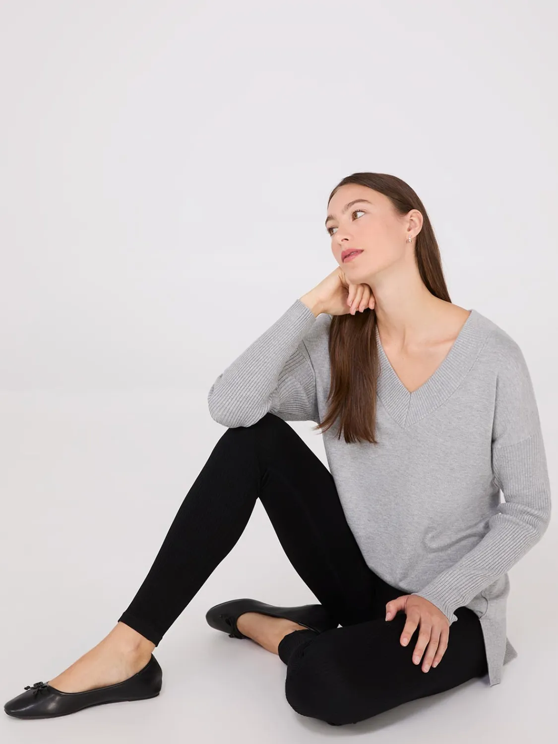 Suzy Shier Long Sleeve|Sweaters & Cardigans>Ribbed V-Neck Tunic Top