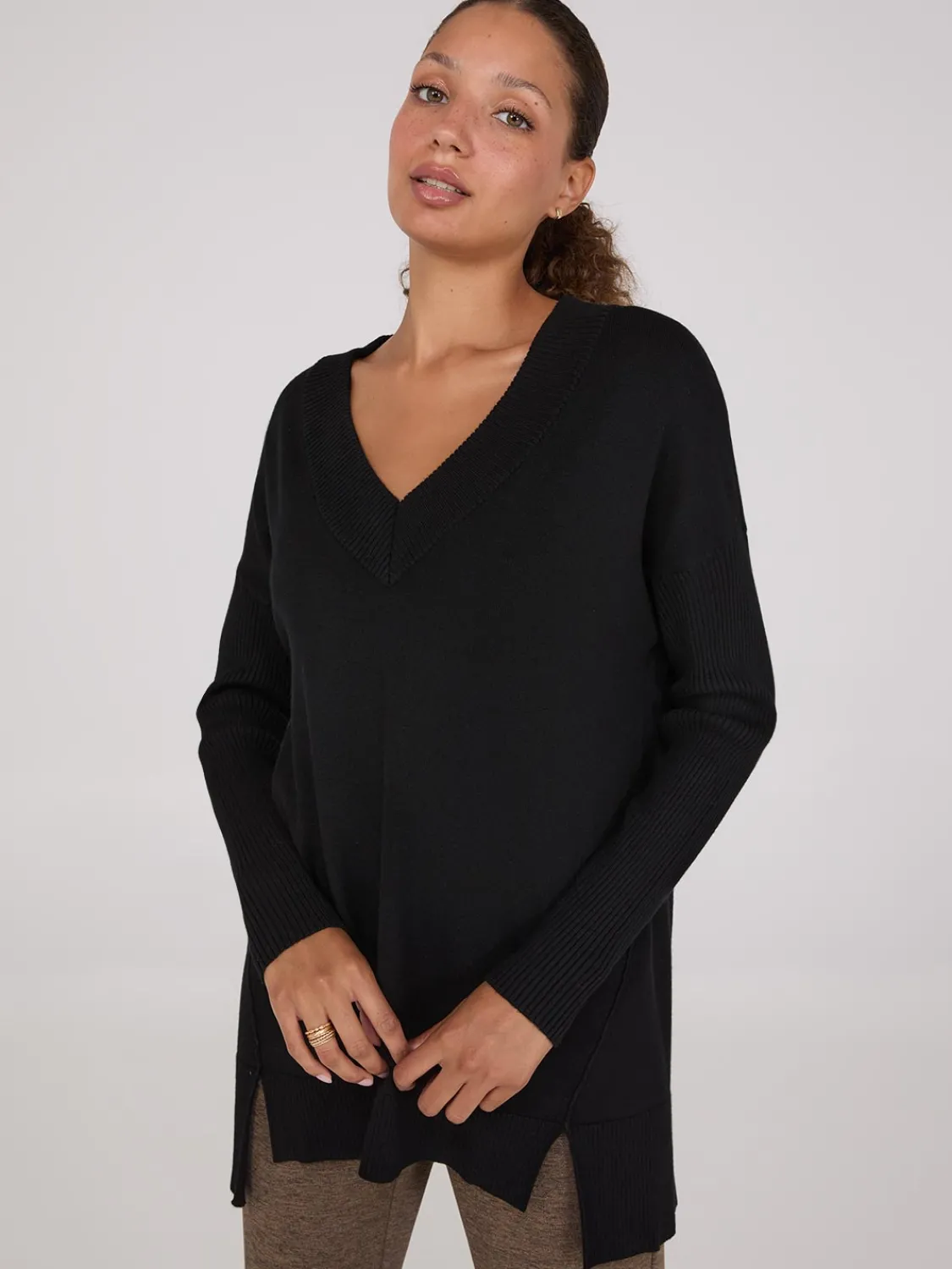 Suzy Shier Long Sleeve|Sweaters & Cardigans>Ribbed V-Neck Tunic Top