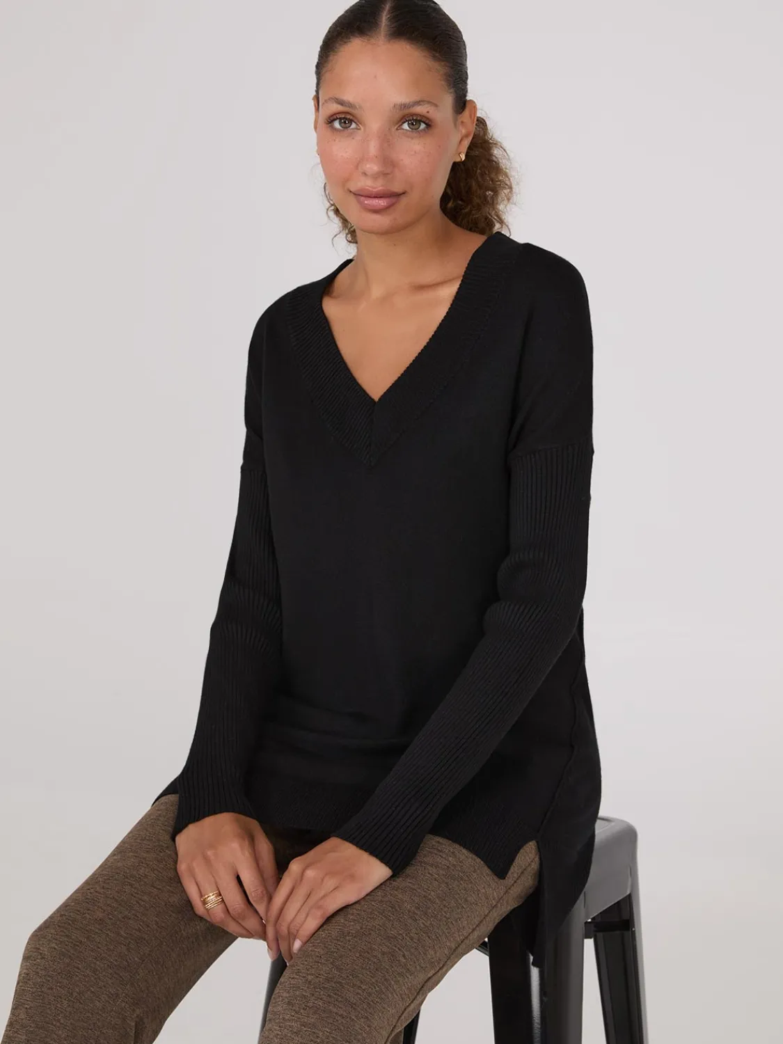 Suzy Shier Long Sleeve|Sweaters & Cardigans>Ribbed V-Neck Tunic Top