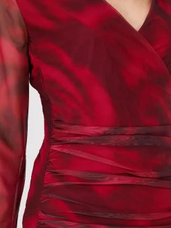 Suzy Shier Tops|Long Sleeve>Rose Print Crossover Mesh Top