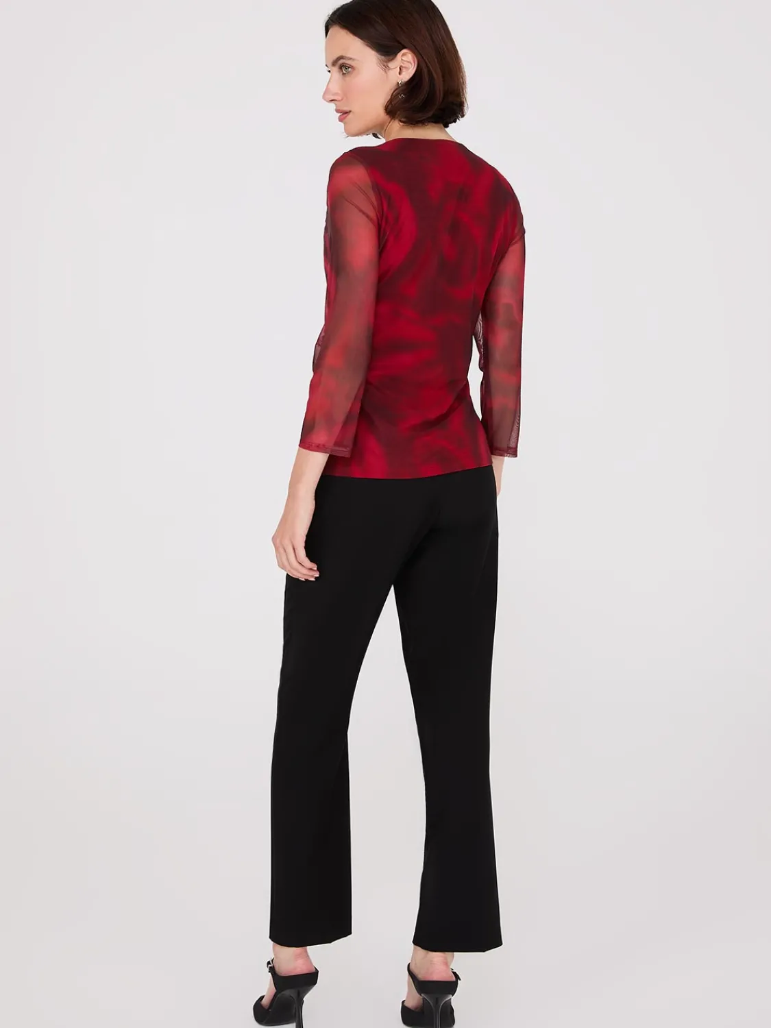 Suzy Shier Tops|Long Sleeve>Rose Print Crossover Mesh Top