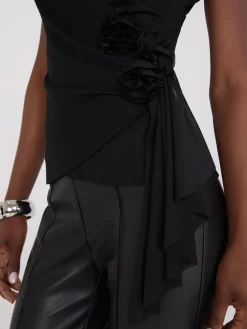 Suzy Shier Tops|Short Sleeve>Rosette Detail Crossover Mesh Top