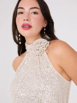 Suzy Shier Sleeveless|Fashion Tops>Rosette Halter Mock Neck Sequin Top