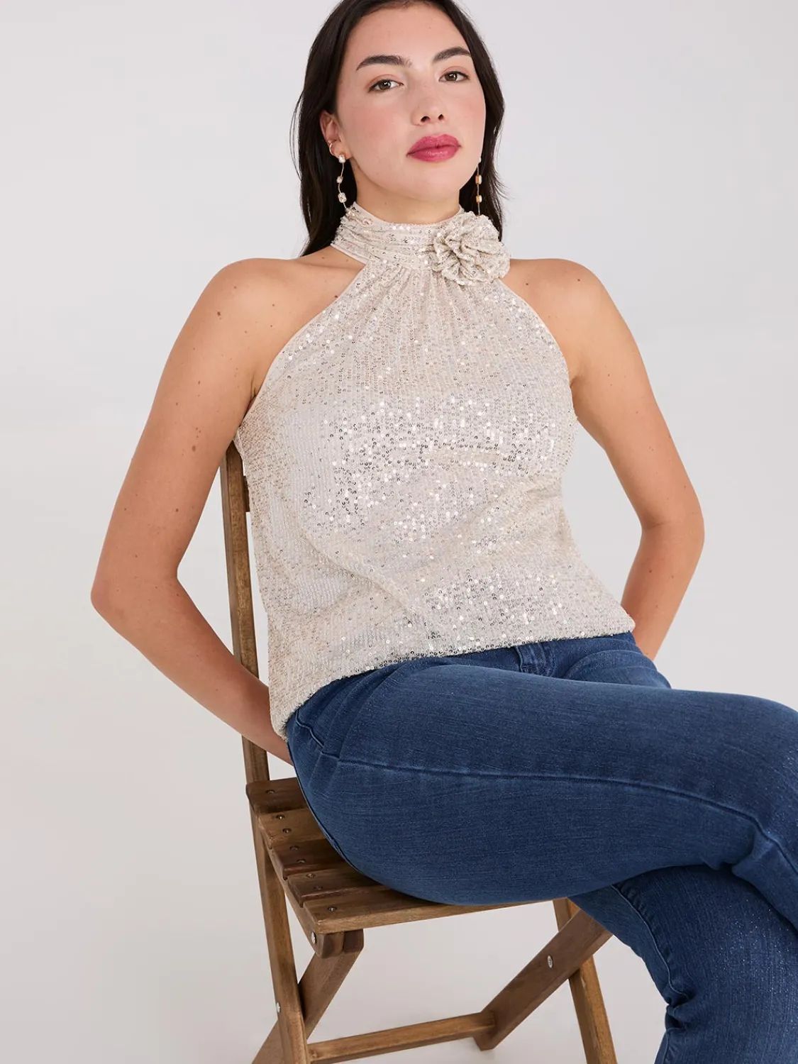 Suzy Shier Sleeveless|Fashion Tops>Rosette Halter Mock Neck Sequin Top