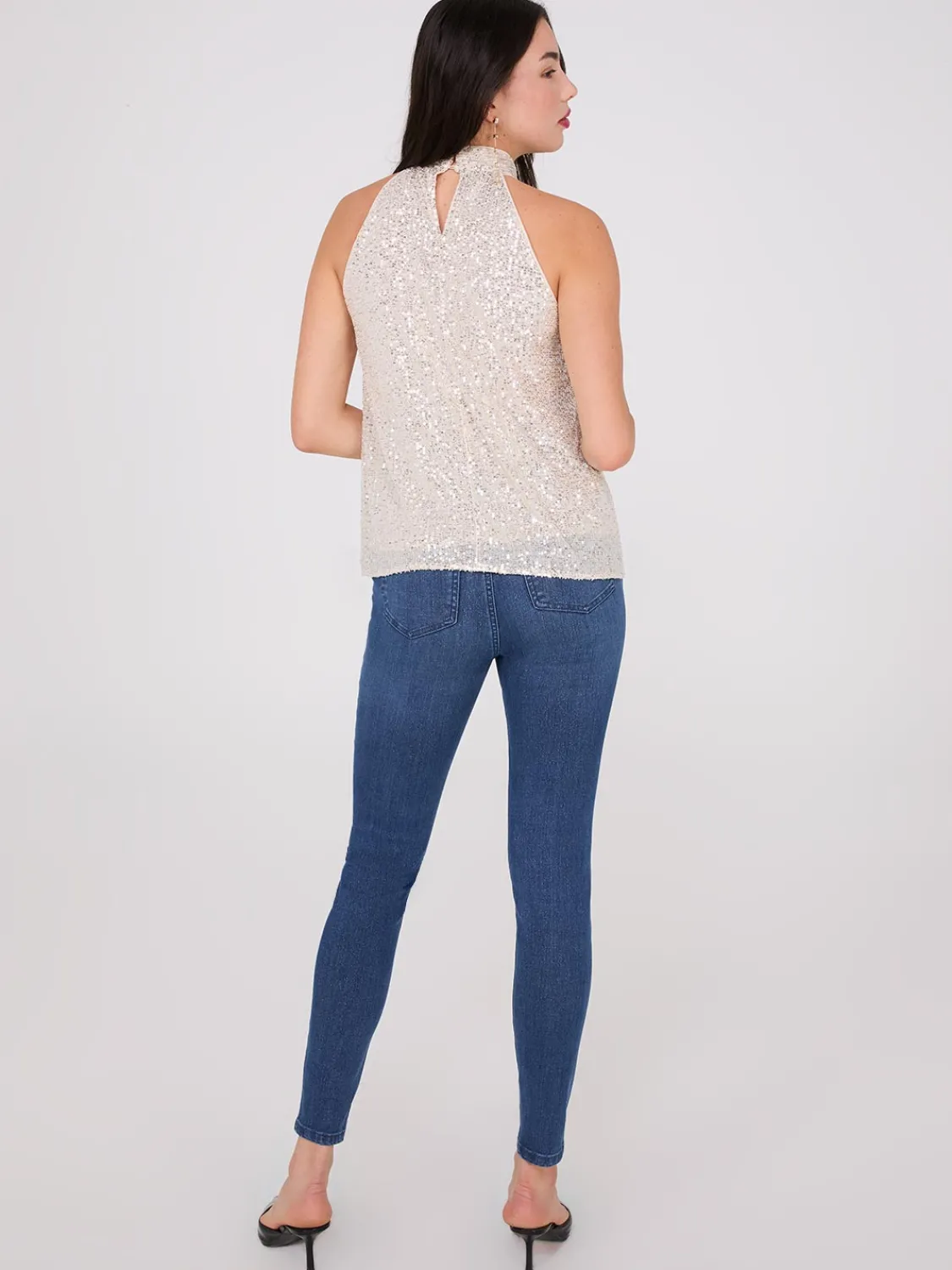 Suzy Shier Sleeveless|Fashion Tops>Rosette Halter Mock Neck Sequin Top