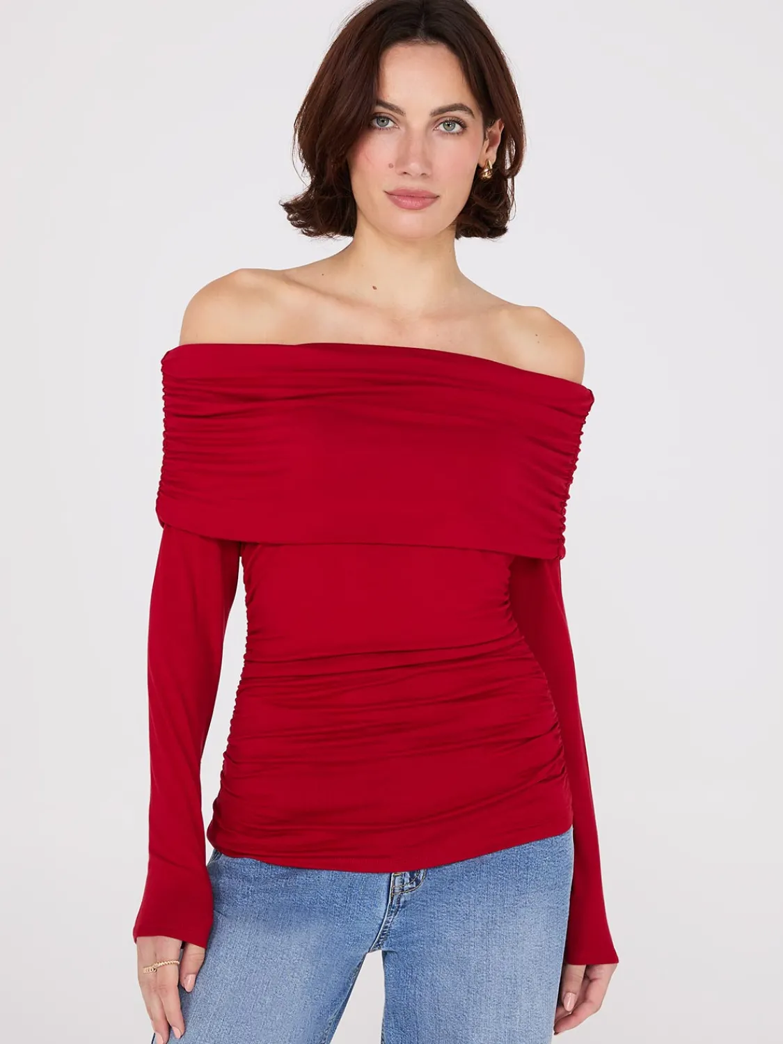 Suzy Shier Tops|Long Sleeve>Ruched Off-The-Shoulder Top