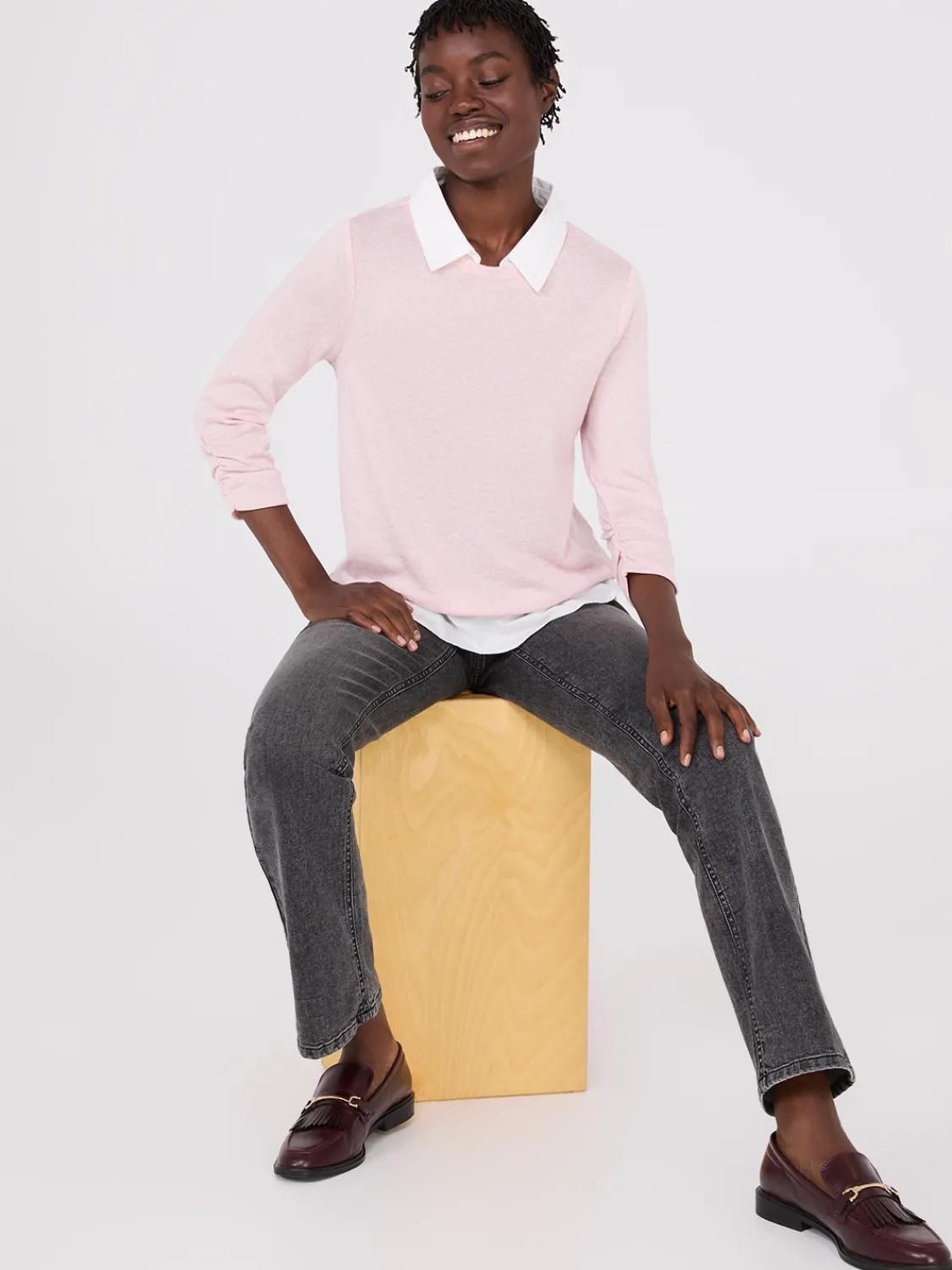 Suzy Shier Long Sleeve>Ruched Sleeve 2-Fer Top