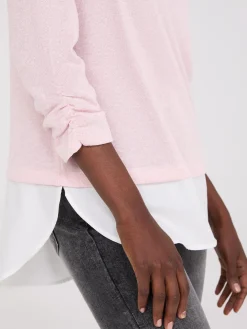 Suzy Shier Long Sleeve>Ruched Sleeve 2-Fer Top