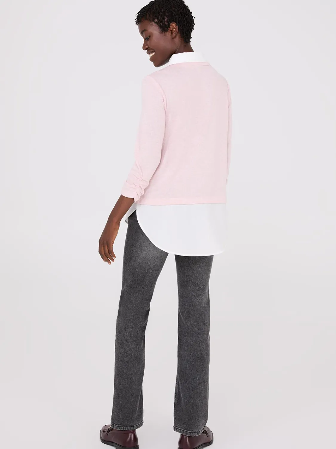 Suzy Shier Long Sleeve>Ruched Sleeve 2-Fer Top
