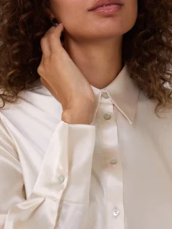 Suzy Shier Tops|Long Sleeve>Satin Button-Front Blouse With Side Ruching