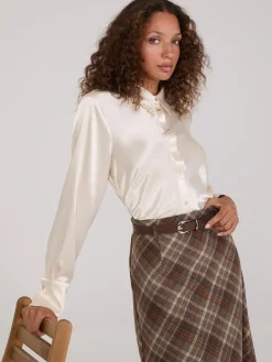 Suzy Shier Tops|Long Sleeve>Satin Button-Front Blouse With Side Ruching