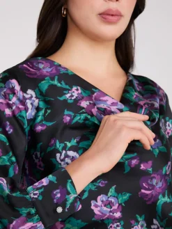 Suzy Shier Tops|Long Sleeve>Satin Floral Print Cowl Neck Blouse
