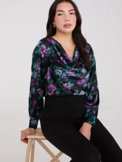 Suzy Shier Tops|Long Sleeve>Satin Floral Print Cowl Neck Blouse
