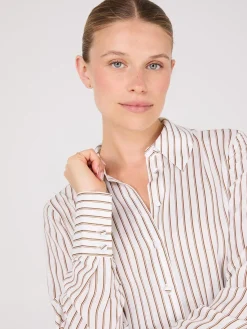 Suzy Shier Tops|Long Sleeve>Satin Striped Button-Front Blouse