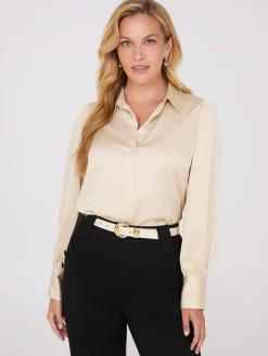 Suzy Shier Tops|Long Sleeve>Satin Volume Sleeve Button-Front Blouse
