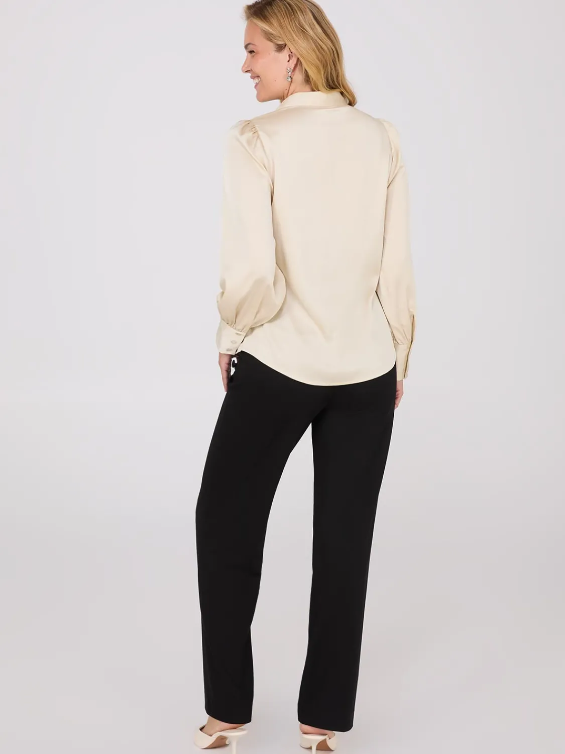 Suzy Shier Tops|Long Sleeve>Satin Volume Sleeve Button-Front Blouse