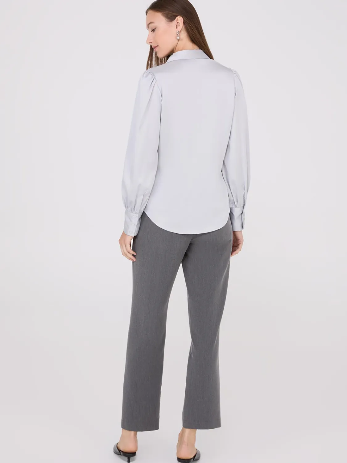 Suzy Shier Tops|Long Sleeve>Satin Volume Sleeve Button-Front Blouse