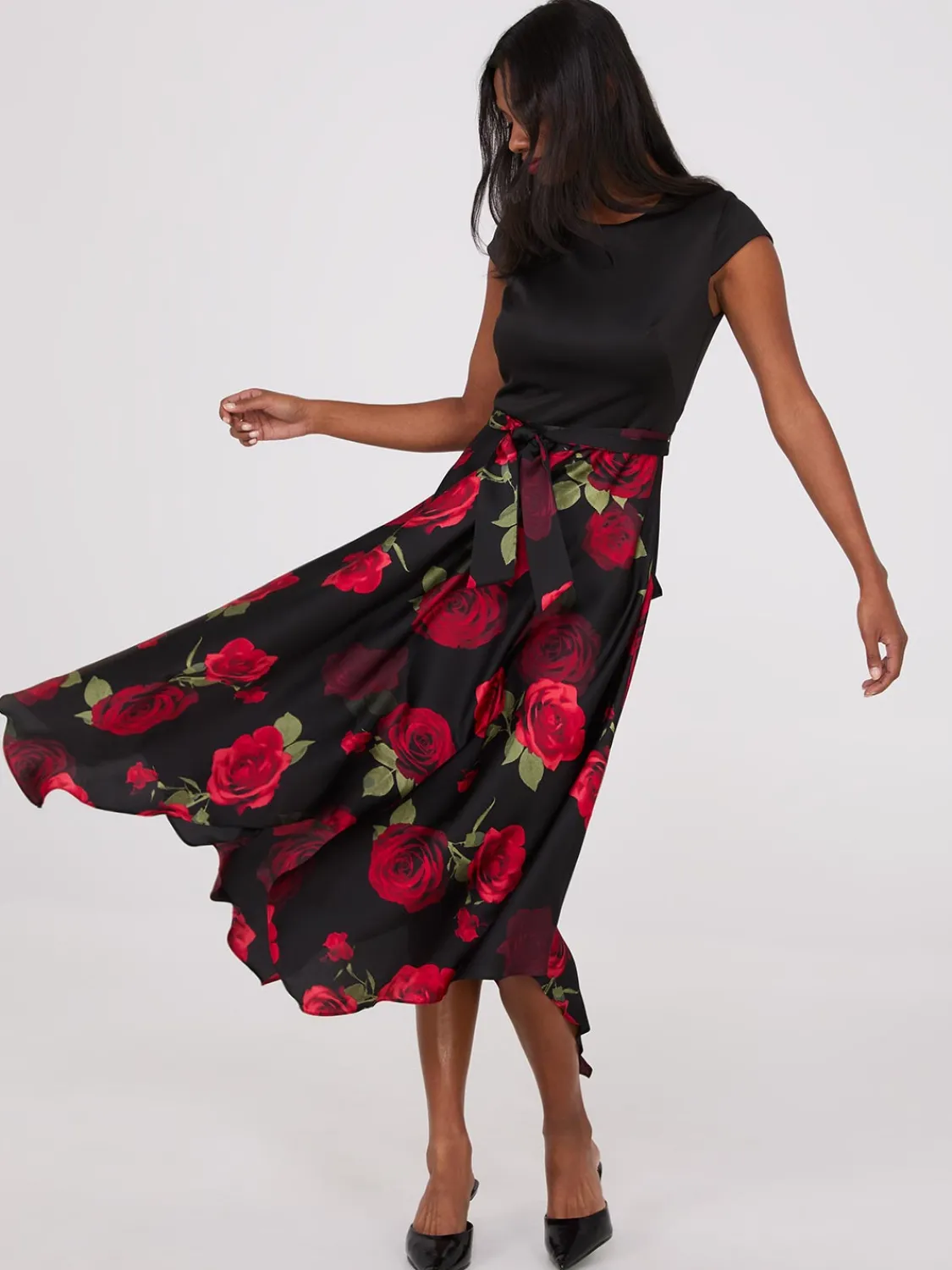 Suzy Shier Midi & Maxi|Party Dresses>Scuba Midi Dress With Printed Satin Skirt