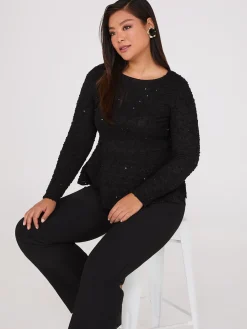 Suzy Shier Tops|Long Sleeve>Sequin Boucle Peplum Top