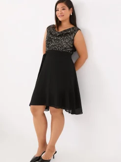 Suzy Shier Mini|Midi & Maxi>Sequin Cowl Neck Fit & Flare Dress
