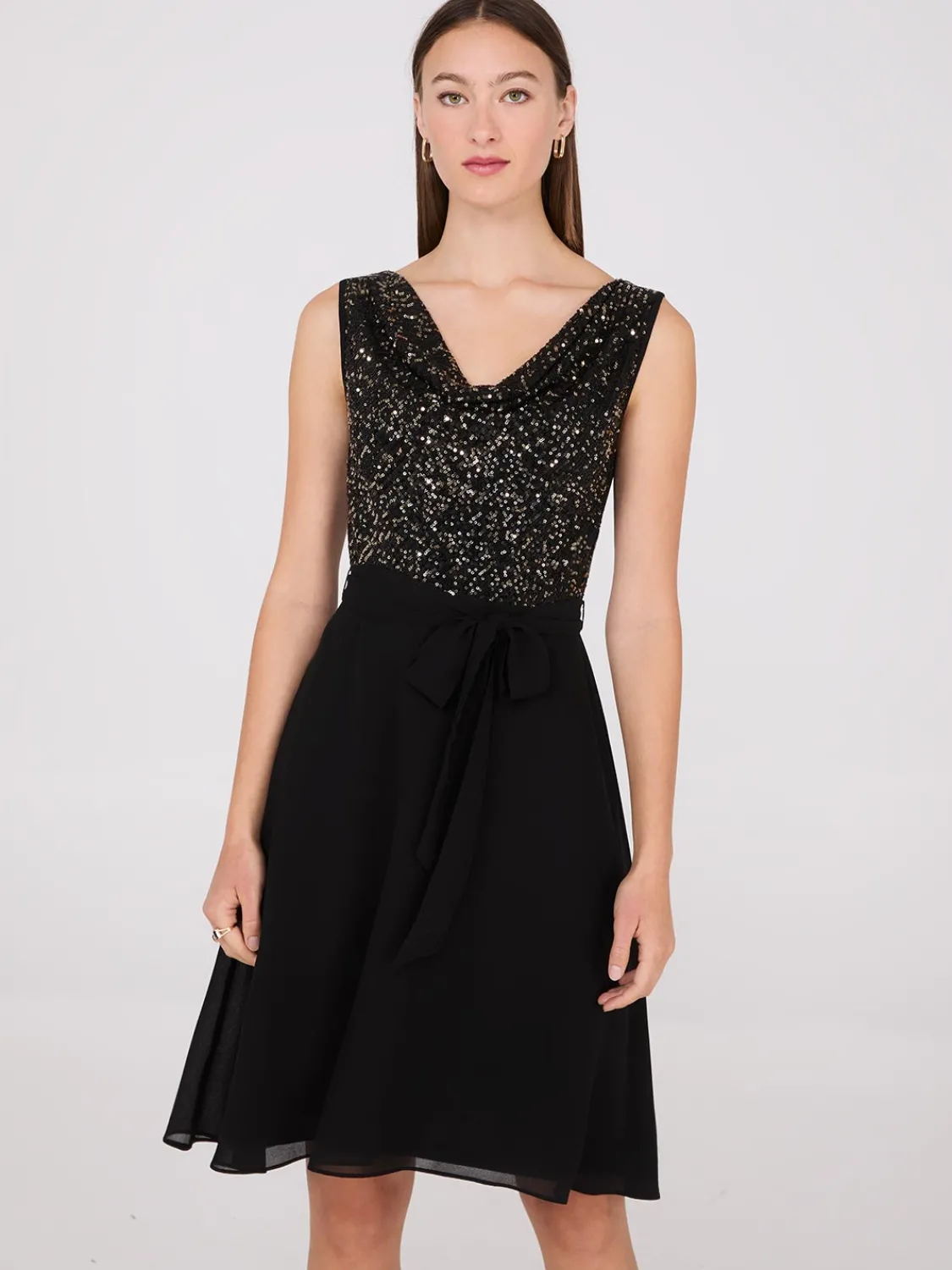 Suzy Shier Mini|Midi & Maxi>Sequin Cowl Neck Fit & Flare Dress