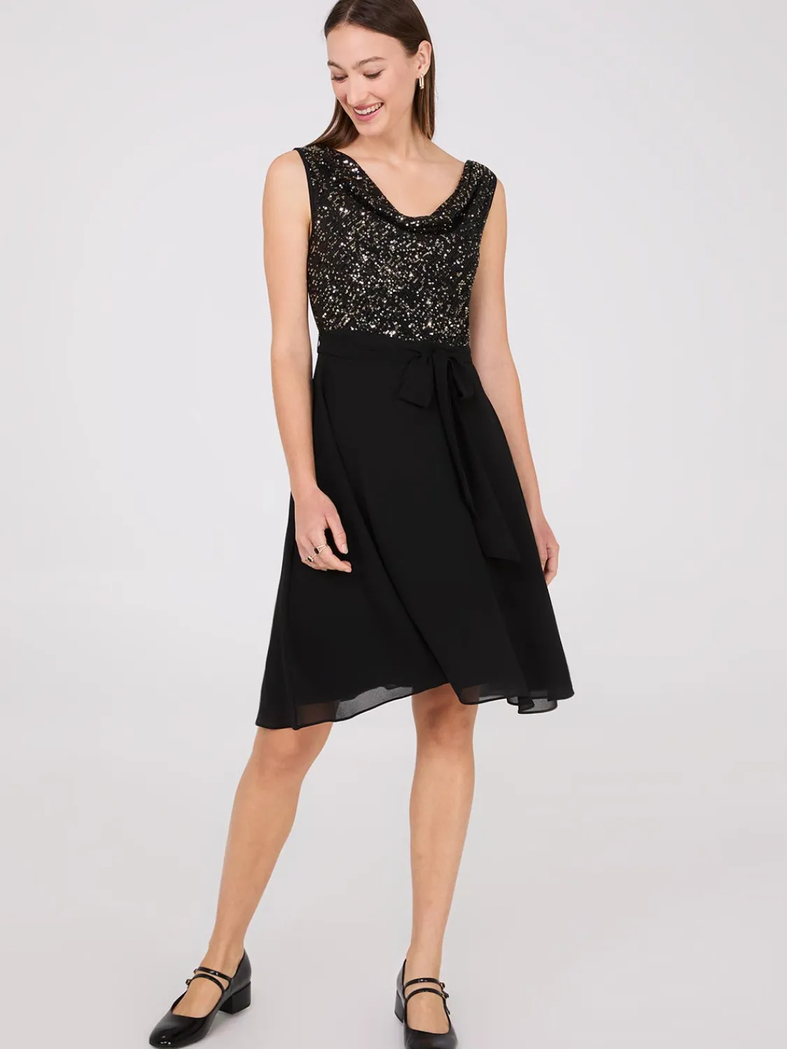 Suzy Shier Mini|Midi & Maxi>Sequin Cowl Neck Fit & Flare Dress