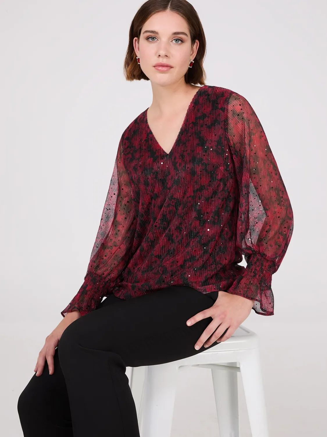 Suzy Shier Long Sleeve|Fashion Tops>Sequin Floral Print Mesh Top