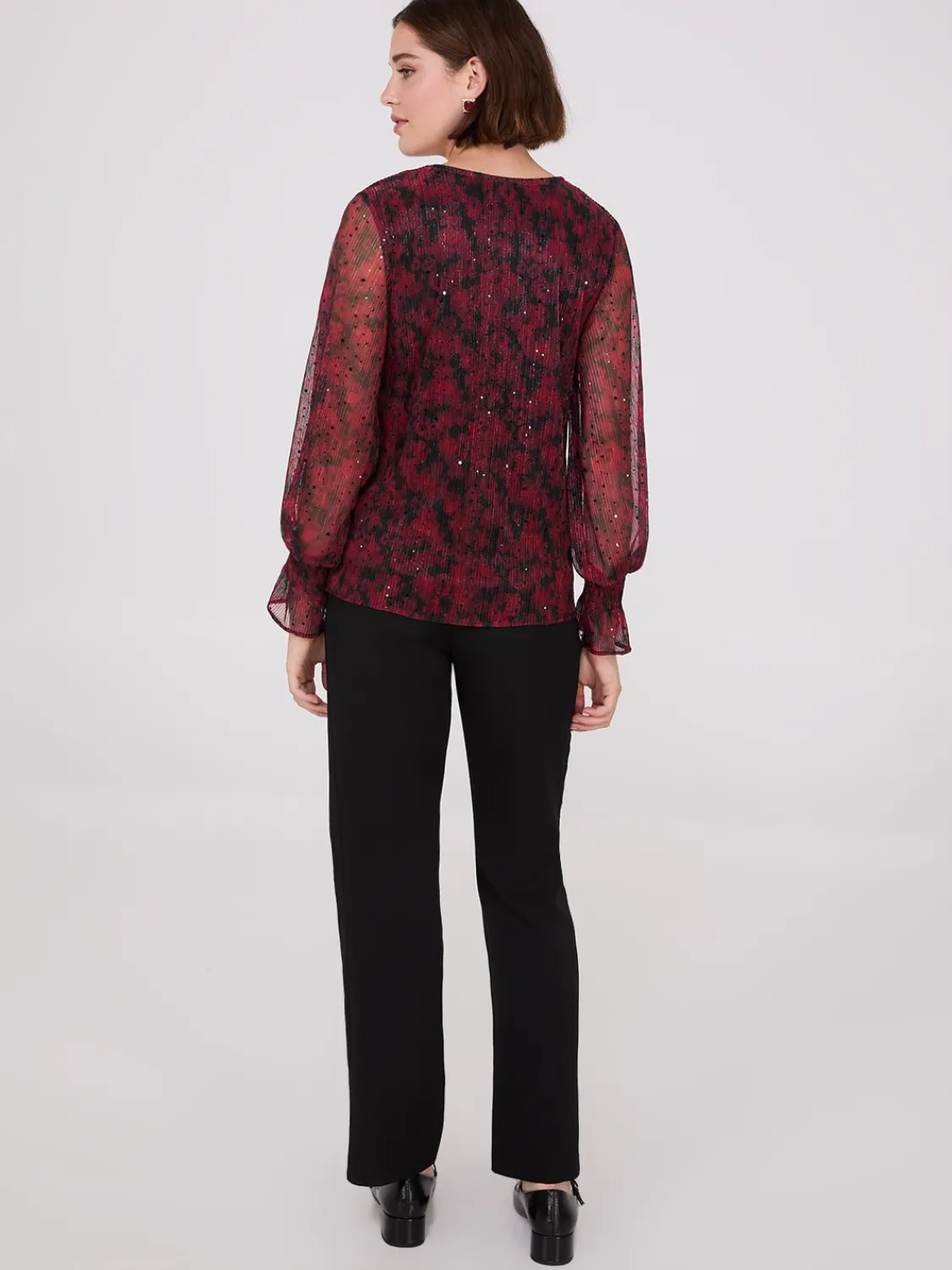Suzy Shier Long Sleeve|Fashion Tops>Sequin Floral Print Mesh Top